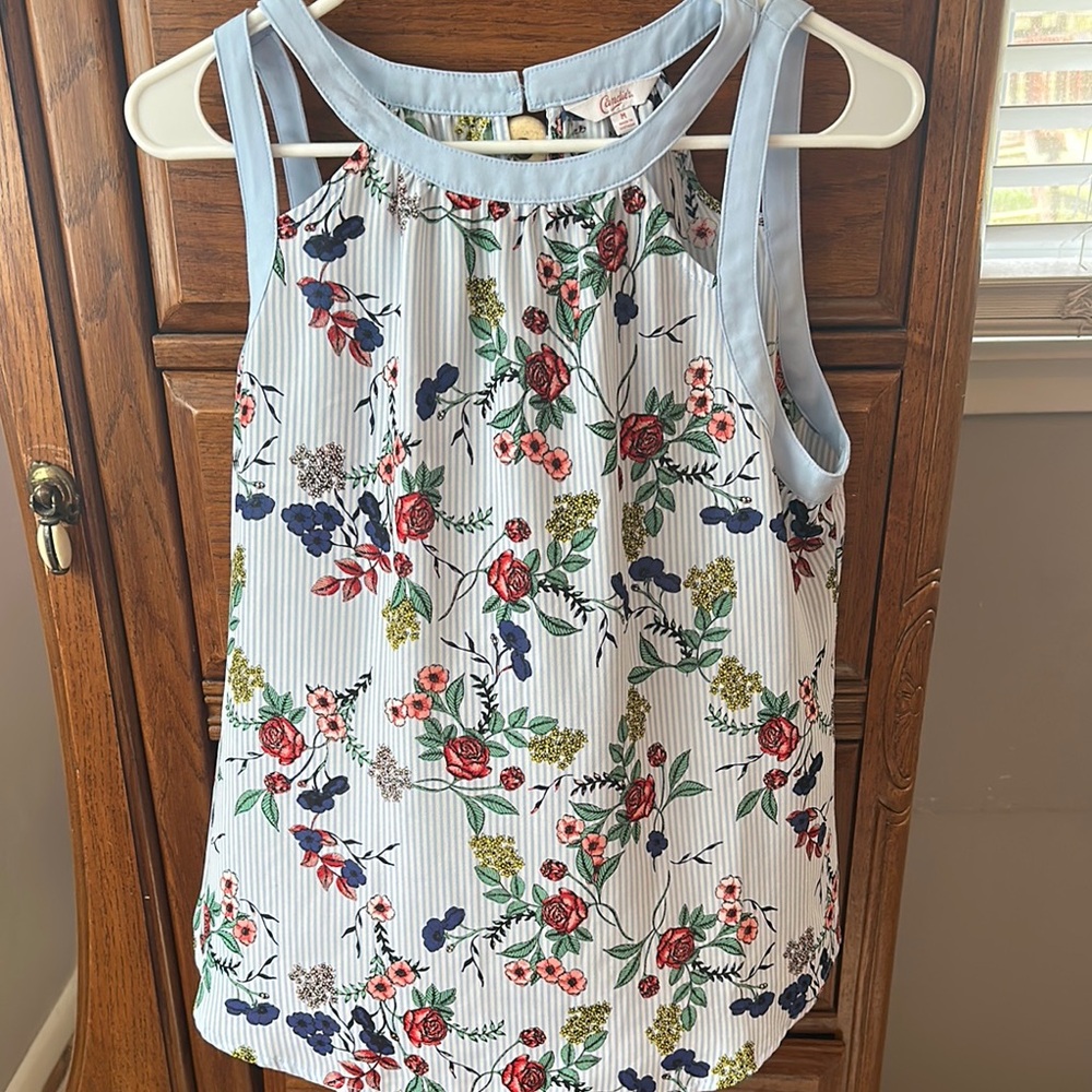 Floral Sleeveless Top - Blue and White